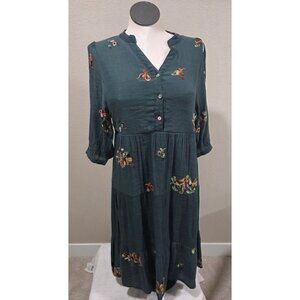 Figueroa & Flower Teal Embroidered Boho Midi Dress With Three-Quarter Sleeves An